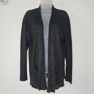 Eileen Fisher Organic Linen Charcoal Ribbed Knit Long Sleeve Open Front Cardigan